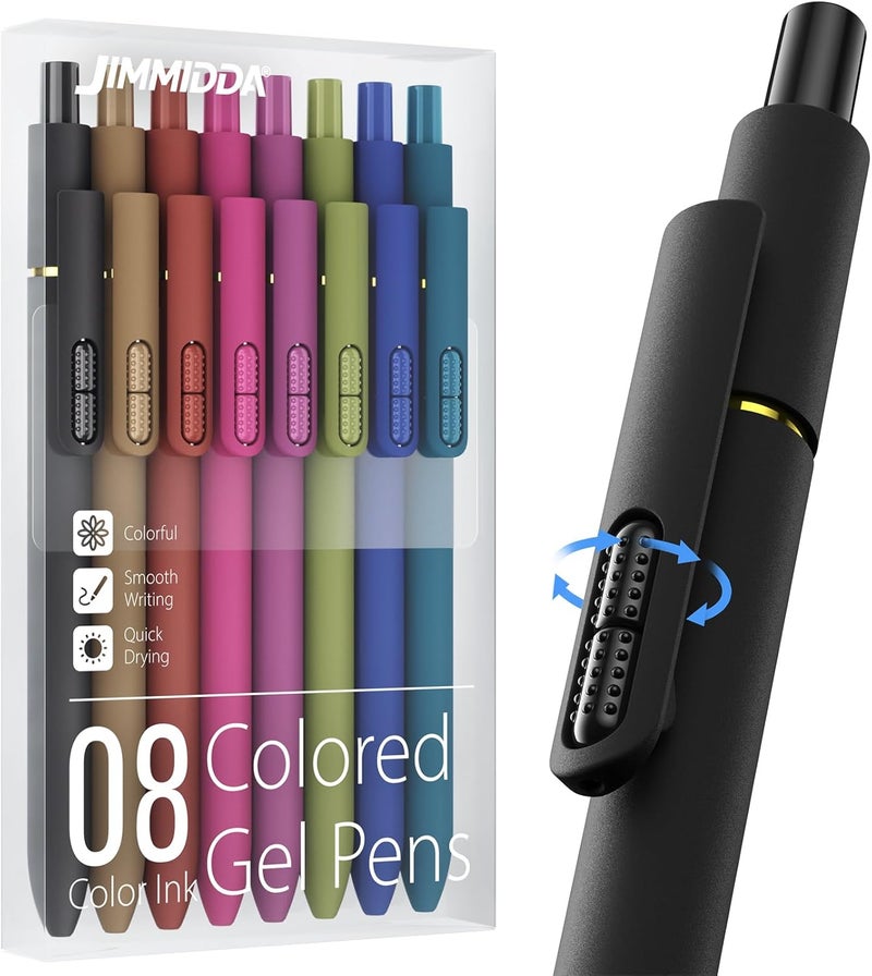 Jimmidda Colorful Gel Pens - 8 Pcs Colored Ink Pens Coloring | 0.7MM Smooth Writing Medium Point - Quick Drying Retractable Colored Pen for Journaling Note Taking (Vintage - 8Pcs - Image 1